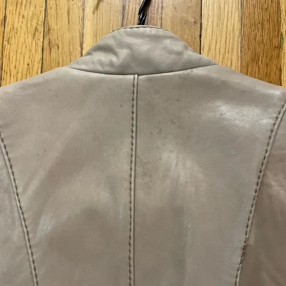 Taupe Michael Kors 100% Genuine Leather moto style jacket flared sleeve M - Picture 5 of 7